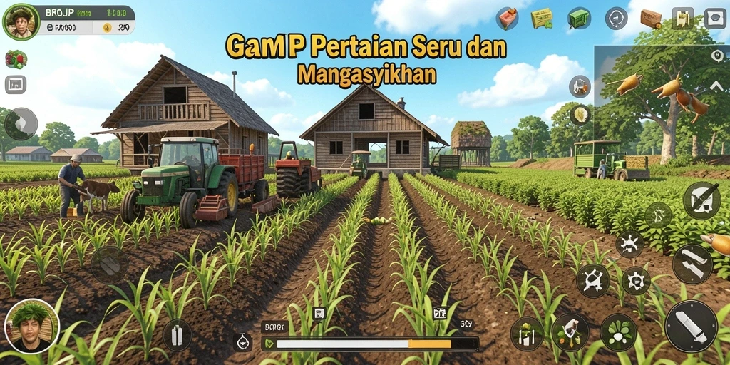 Tangkapan layar utama BROJP menunjukkan pengalaman bertani yang menyenangkan.