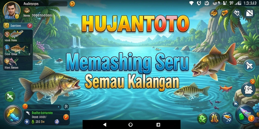 Screenshot gameplay <strong>HUJANTOTO</strong> menampilkan seorang pemain menangkap ikan di laut yang tenang.