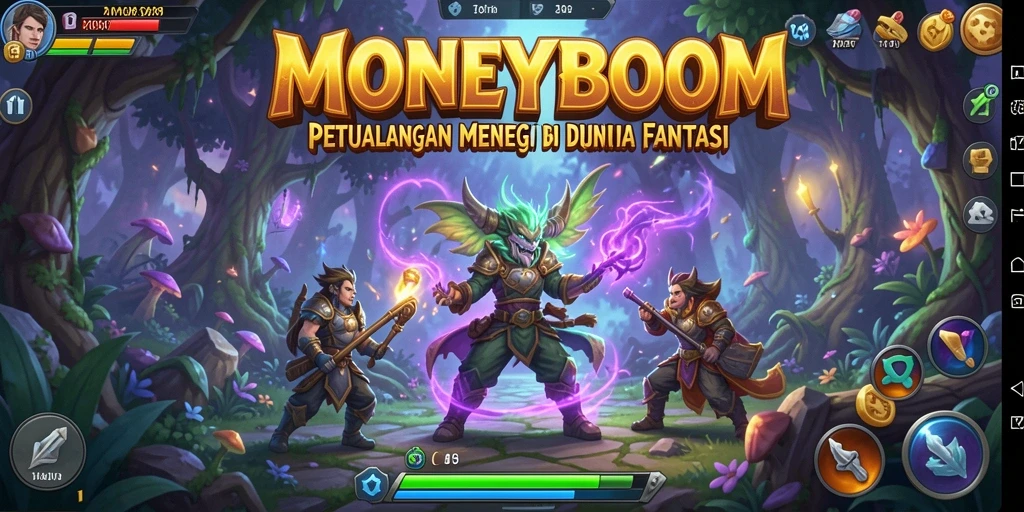 Gameplay MONEYBOOM menampilkan karakter berpetualang di dunia fantastis.