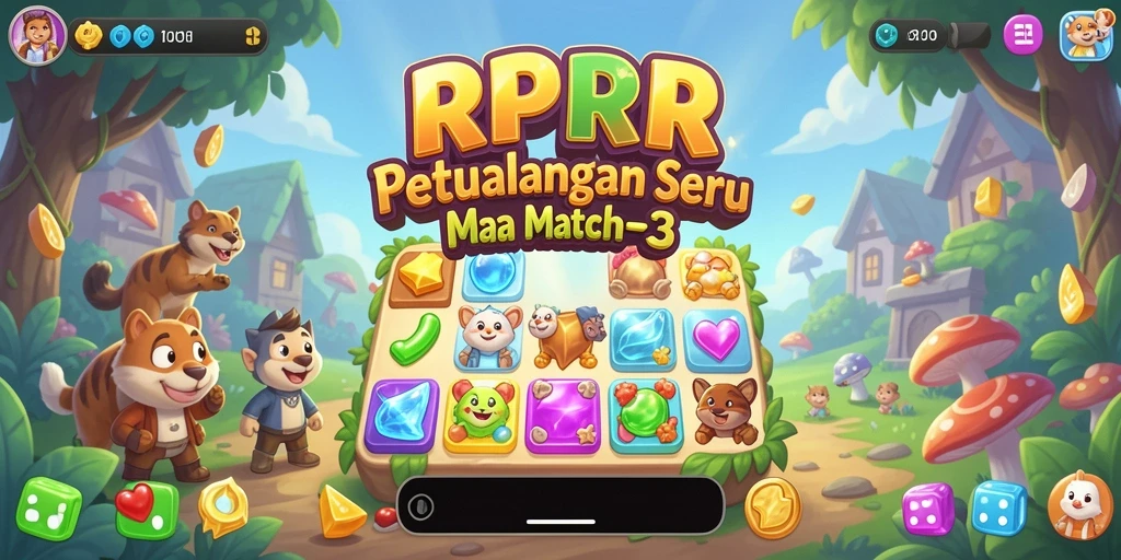 Screenshot tampilan gameplay RPRR dengan item-match yang berwarna-warni.