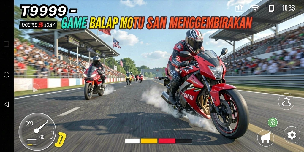 Screenshot gameplay T9999 yang menampilkan aksi balap motor yang menegangkan.