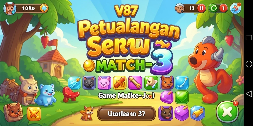 Tangkapan layar V87 menampilkan gameplay Match-3 dengan kombinasi permata cerah.